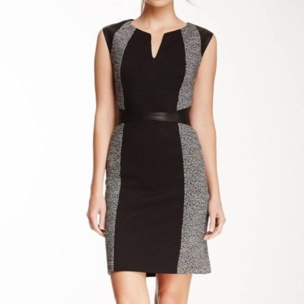 Rebecca Taylor Black White Tweed & Twill Leather Trim Sheath Dress